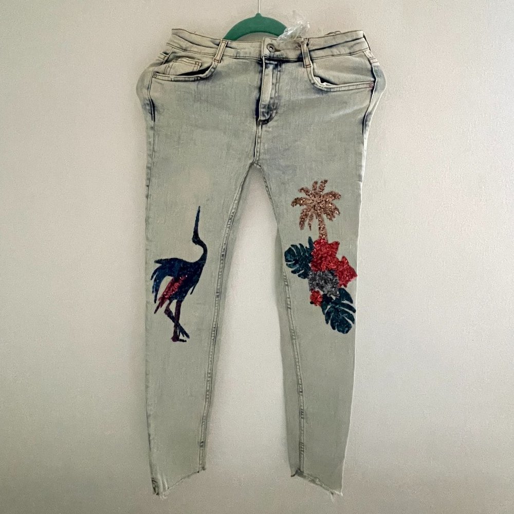PULL&BEAR/ Skinny Jeans with Sequin Tropical Designs, Bleached Wash, Women's.